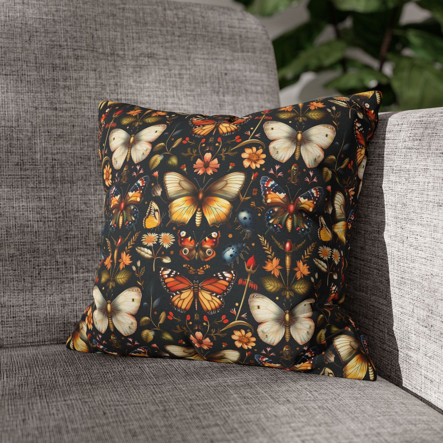 Enchanted Garden of Butterflies and Botanicals in Rich Autumn Hues on a Deep Night Background Polyester Square Pillowcase 4 Sizes