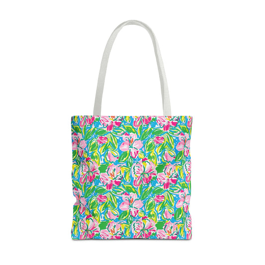 Whispering Meadows: Pink Blossoms, Lush Green Leaves, and Accents of Yellow and Blue Canvas Tote Bag 3 Sizes