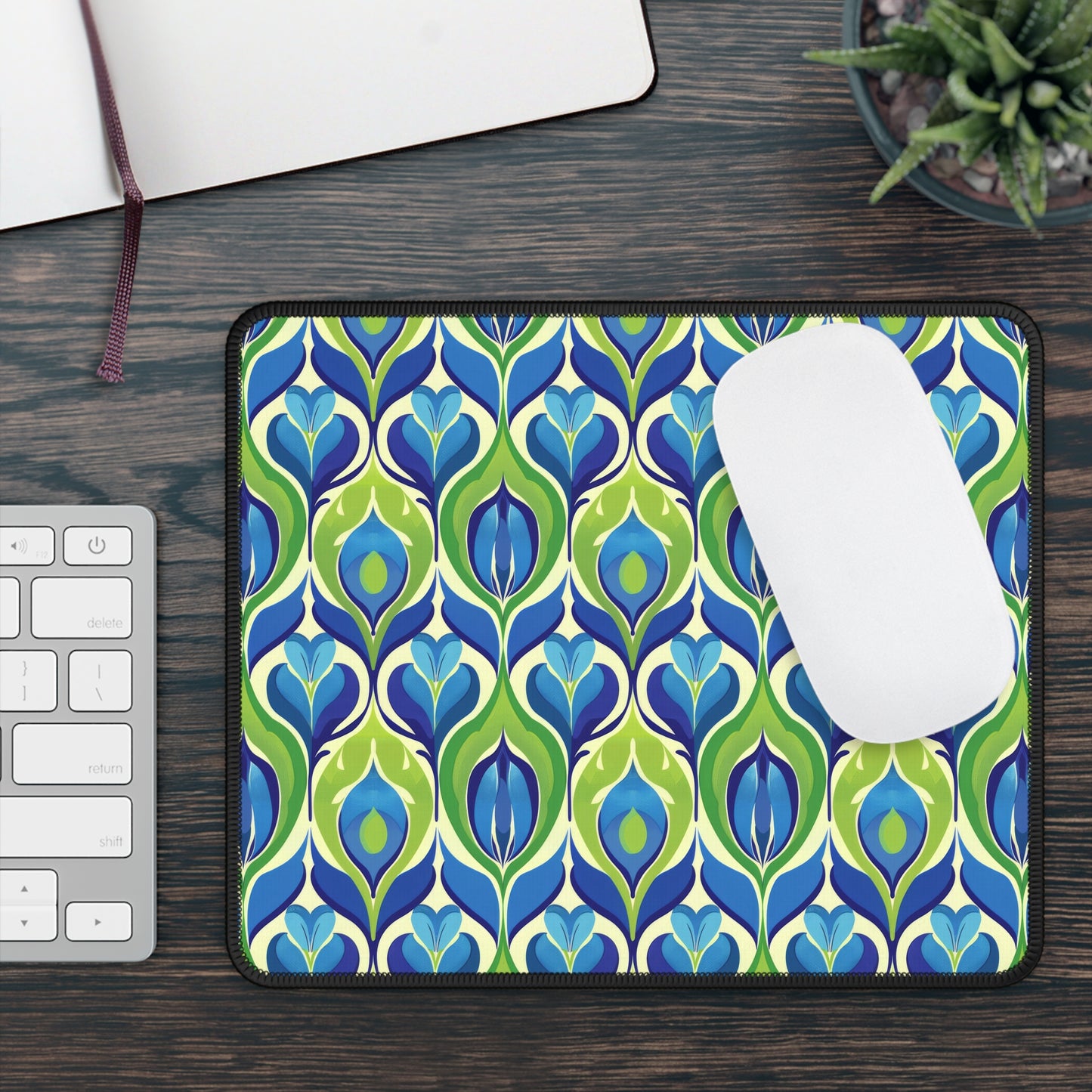 Retro Vibrant Peacock Blue and Green Floral Design Gaming Mouse Pad with Finished Edges