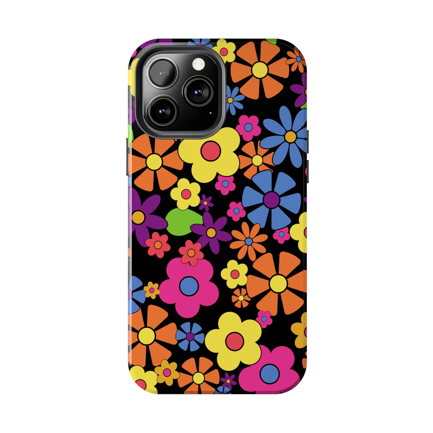 Flower Power Design on Black Background Iphone Tough Phone Case