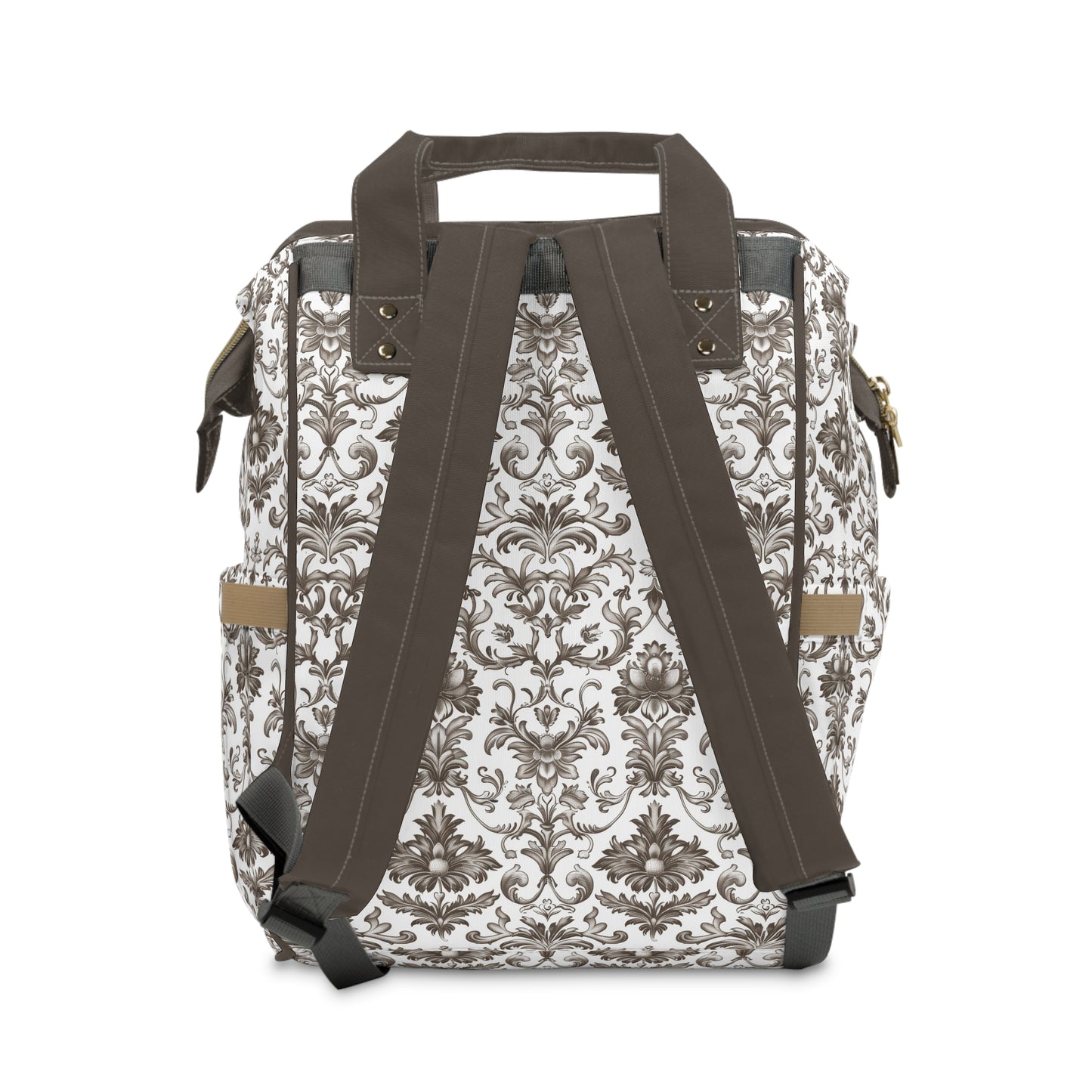 Timeless Rococo Elegance in Detailed Brown and White Floral Pattern Multifunctional Diaper Backpack