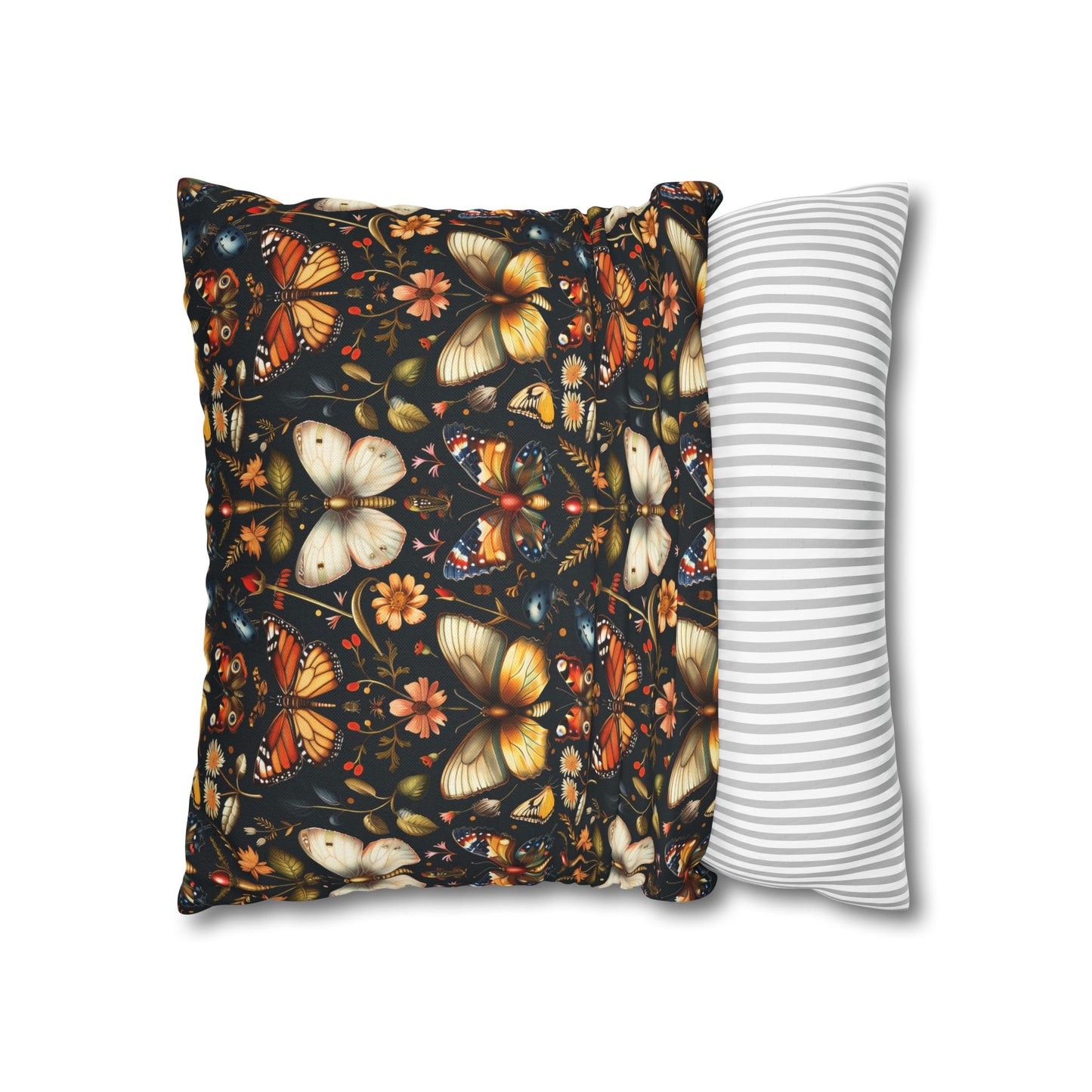 Enchanted Garden of Butterflies and Botanicals in Rich Autumn Hues on a Deep Night Background Polyester Square Pillowcase 4 Sizes