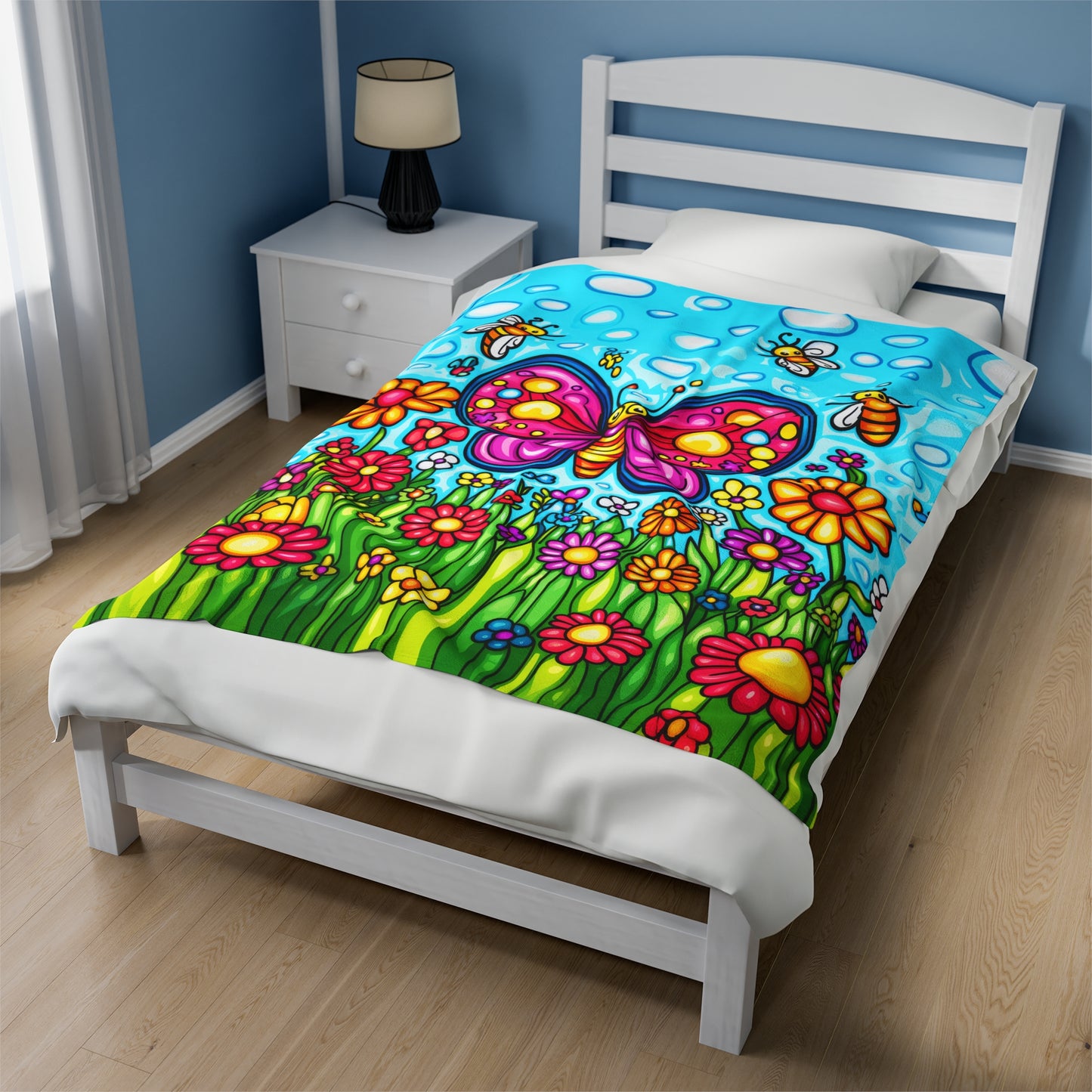 Butterfly Bliss with Bees and Blooming Flowers Velveteen Plush Blanket 3 Sizes