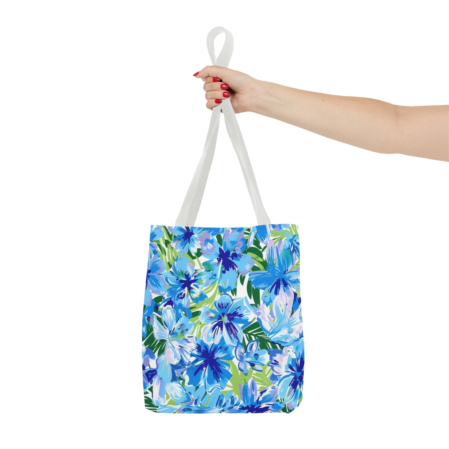 Azure Bloom Oasis: Bright Blue Large Flowers with Lush Green Palm Leaves  Canvas Tote Bag 3 Sizes