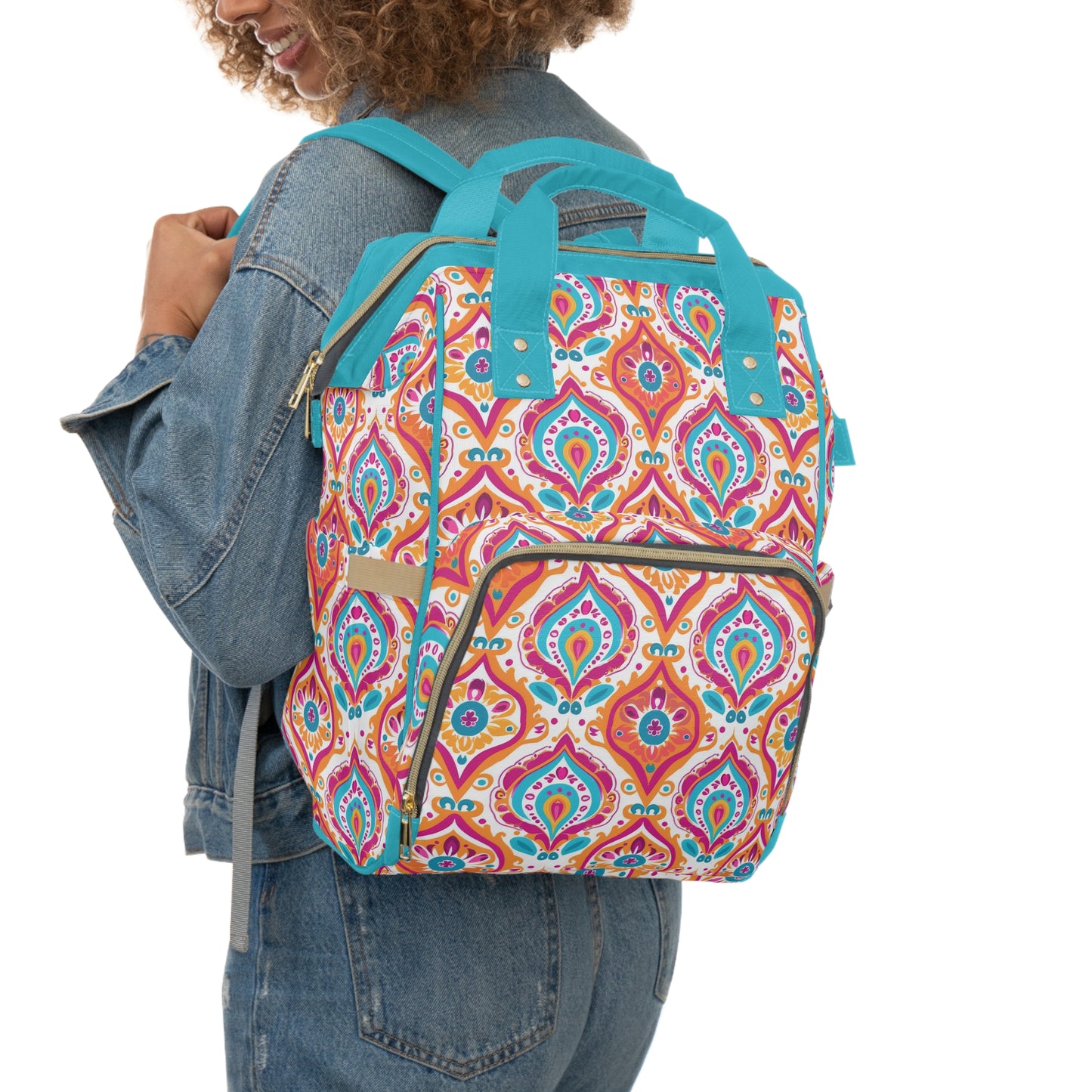 Bohemian Rapture of Floral Harmony in Lush Tangerine and Cerulean Multifunctional Diaper Backpack