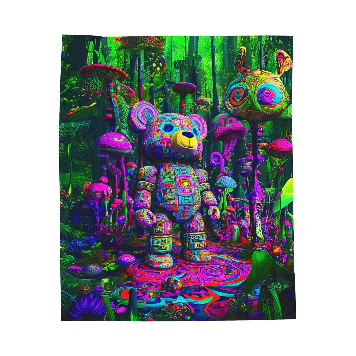 Neon Bear Guardian Adventure in a Mystical Mushroom Forest Velveteen Plush Blanket 3 Sizes