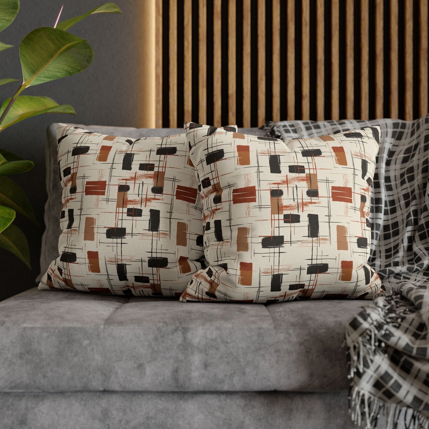 Modern Artistry in Bold and Minimalistic Pattern in a Palette of Black, Dark Orange, and Beige Spun Polyester Square Pillowcase 4 Sizes