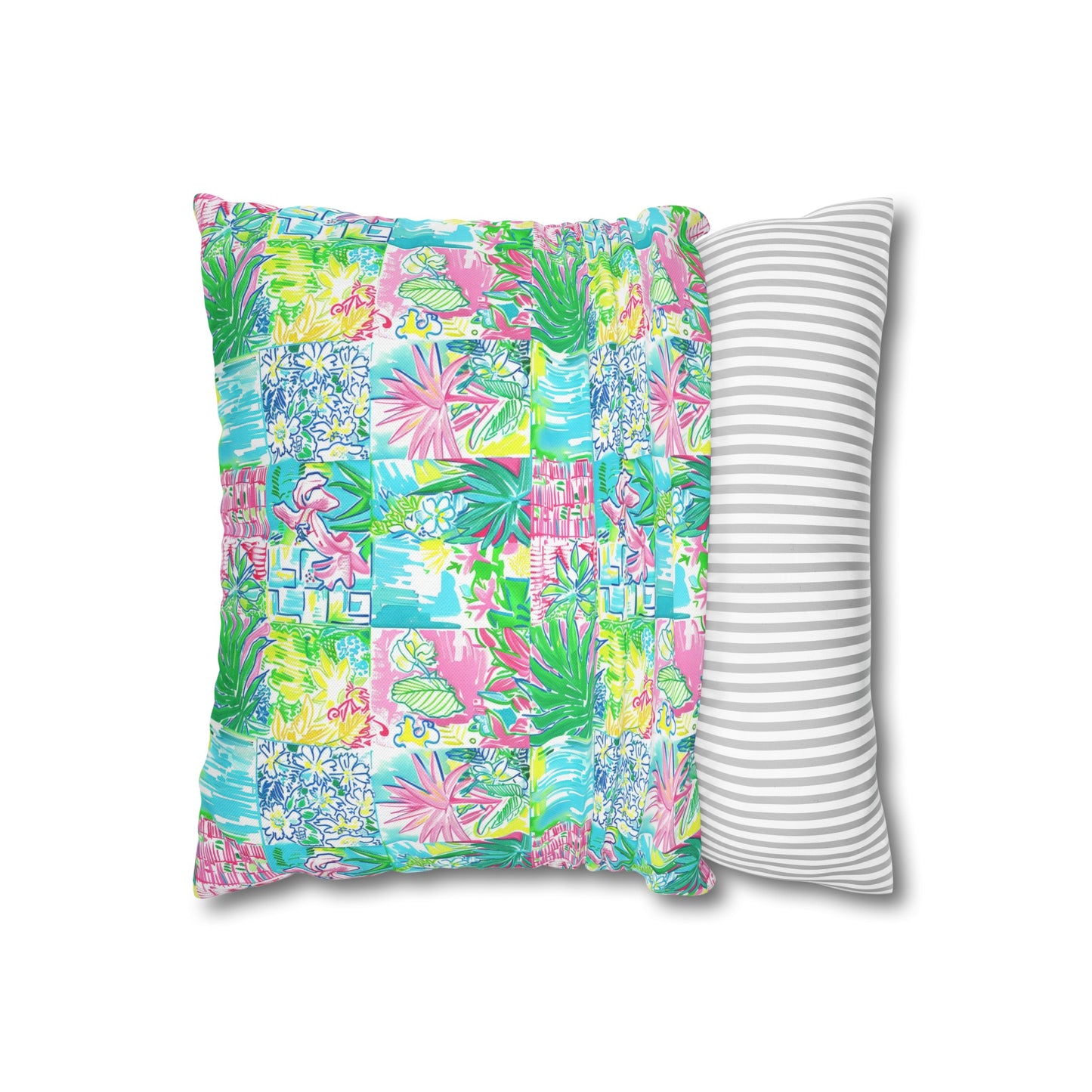 Whimsical Palm Trees and Flowers in Vibrant Pink, Teal, and Green Collage Spun Polyester Square Pillowcase 4 Sizes