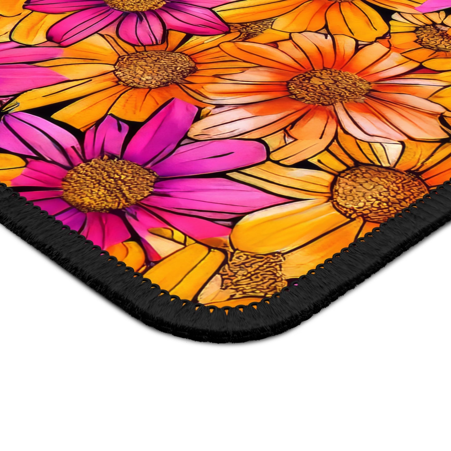 Vibrant Daisy Delight with Bold Orange and Pink Flowers Gaming Mouse Pad with Finished Edges