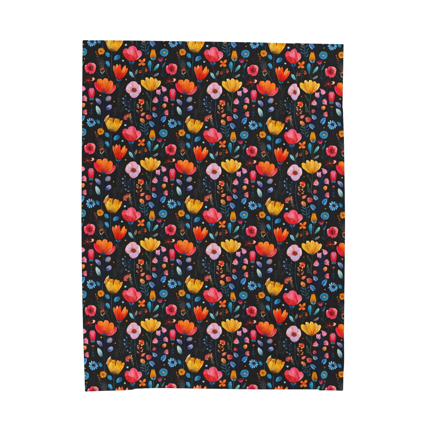 Vibrant Spring Blooms in a Kaleidoscope of Colors on Black Velveteen Plush Blanket 3 Sizes