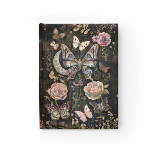 Mystical Crescent Moon Celestial Pink Flowers and Butterflies - Hardcover Ruled Line Journal 5" x 7"