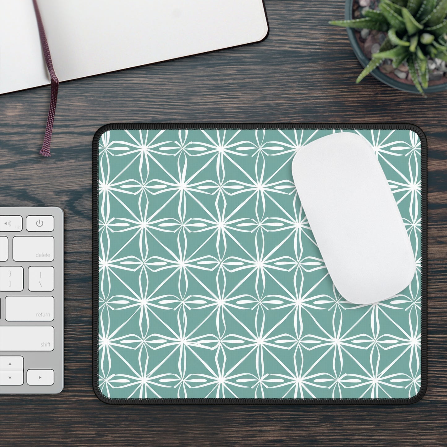 Elegant Minimalist Geometric Line Art in White and Teal Pattern Gaming Mouse Pad with Finished Edges