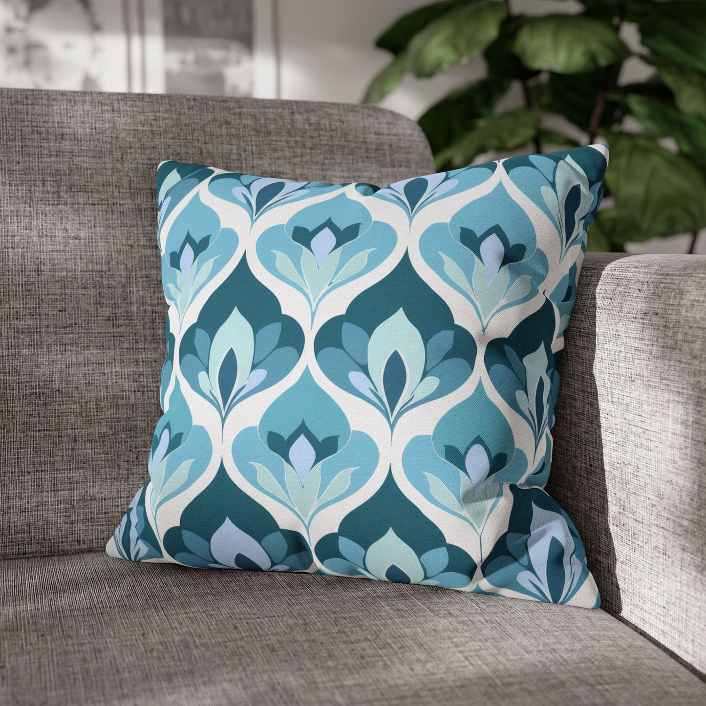 Serene Leaf Motifs Cascading in Cool Hues of Oceanic Blues Spun Polyester Square Pillowcase 4 Sizes