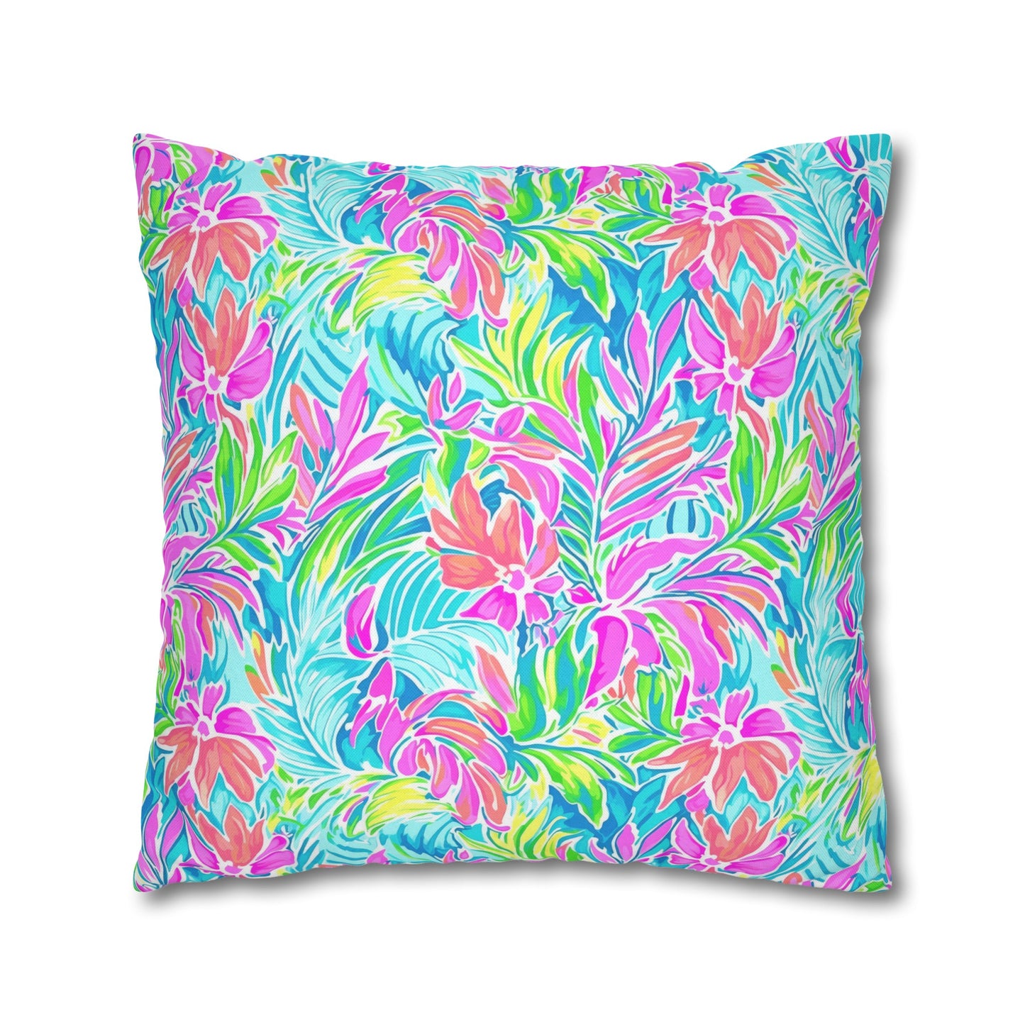 Neon Tropics: Vibrant Rainbow Flowers and Palm Leaves in Electric Splendor Spun Polyester Square Pillowcase 4 Sizes