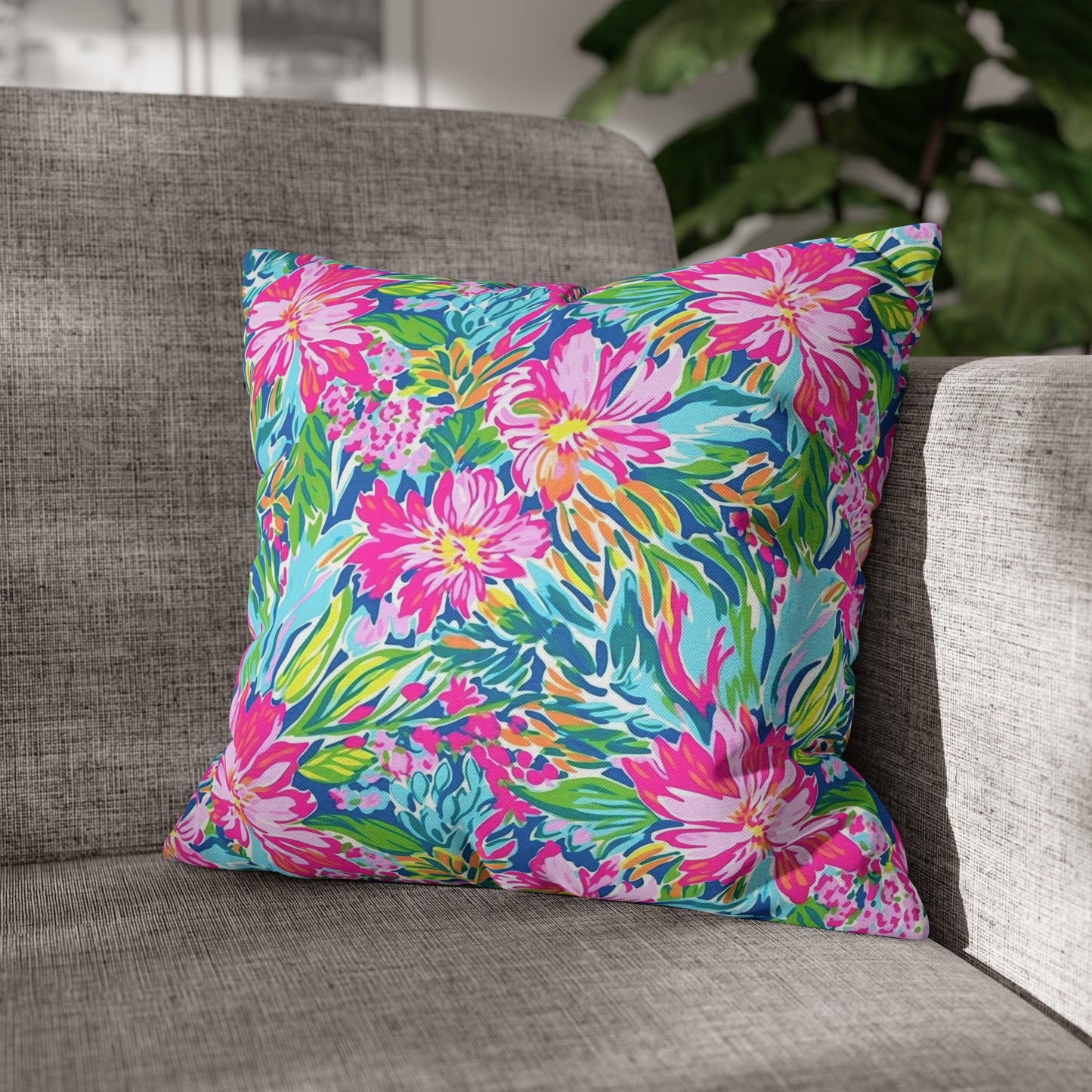 Sunlit Symphony: Large Blooms of Pink, Blue, and Green in Watercolor Spun Polyester Square Pillowcase 4 Sizes