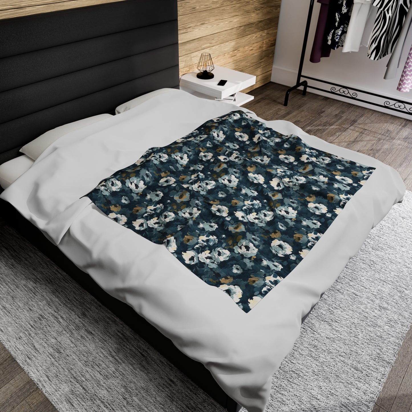 Chic and Artistic Floral Blooms in Shades of Navy, Gray, and Soft Gold Velveteen Plush Blanket 3 Sizes