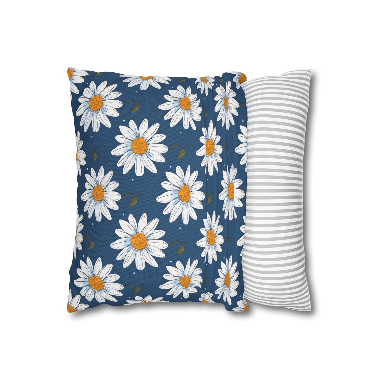 Elegant White Daisies on Navy Blue Background Spun Polyester Square Pillowcase 4 Sizes