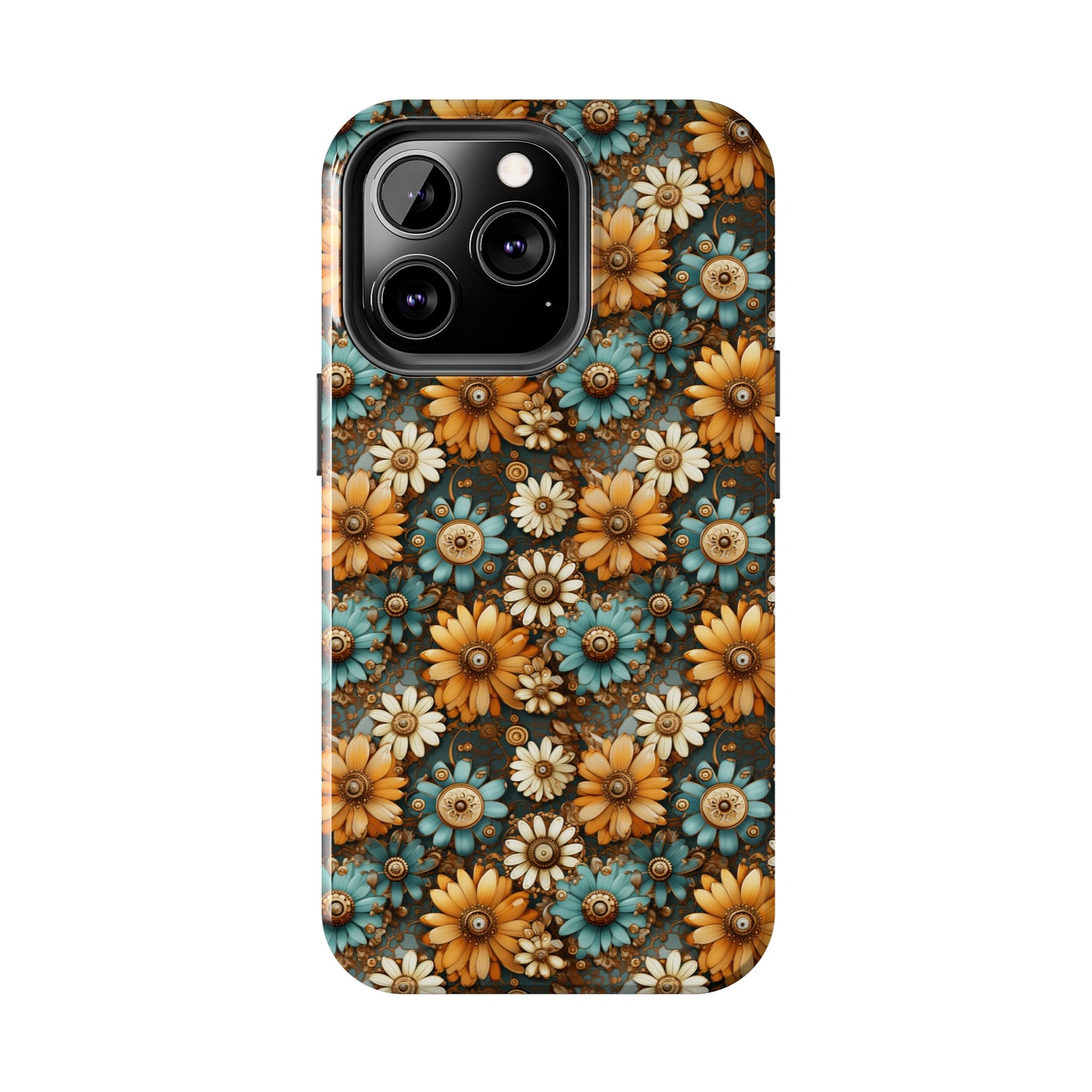 Victorian Steampunk Cream Gold and Teal Flowers with Gears and Mechanical Elements Iphone Tough Phone Case