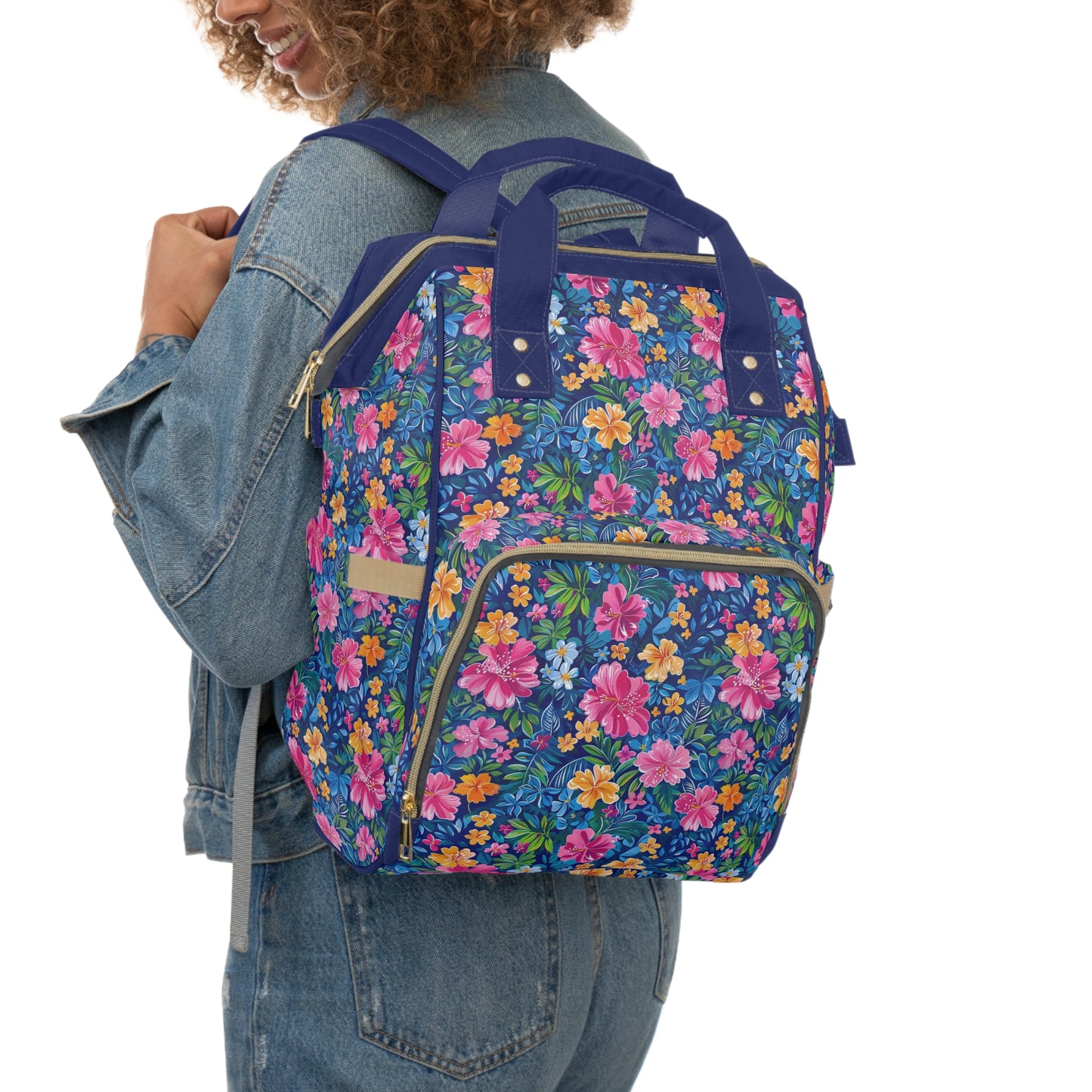 Tropical Sunrise Bloom: Pink Watercolor Flowers with Yellow and Blue Accents Multifunctional Diaper Backpack