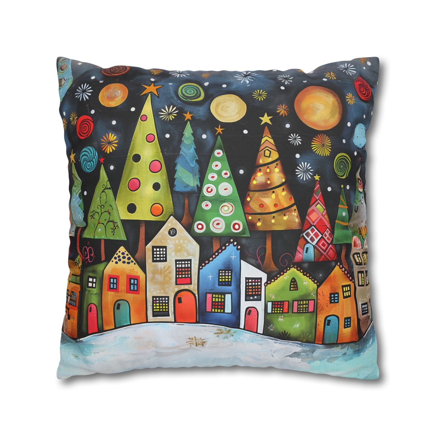 Holiday Haven: Abstract Folk Art Christmas Village Adorned with Christmas Trees Scene Spun Polyester Square Pillowcase 4 Sizes