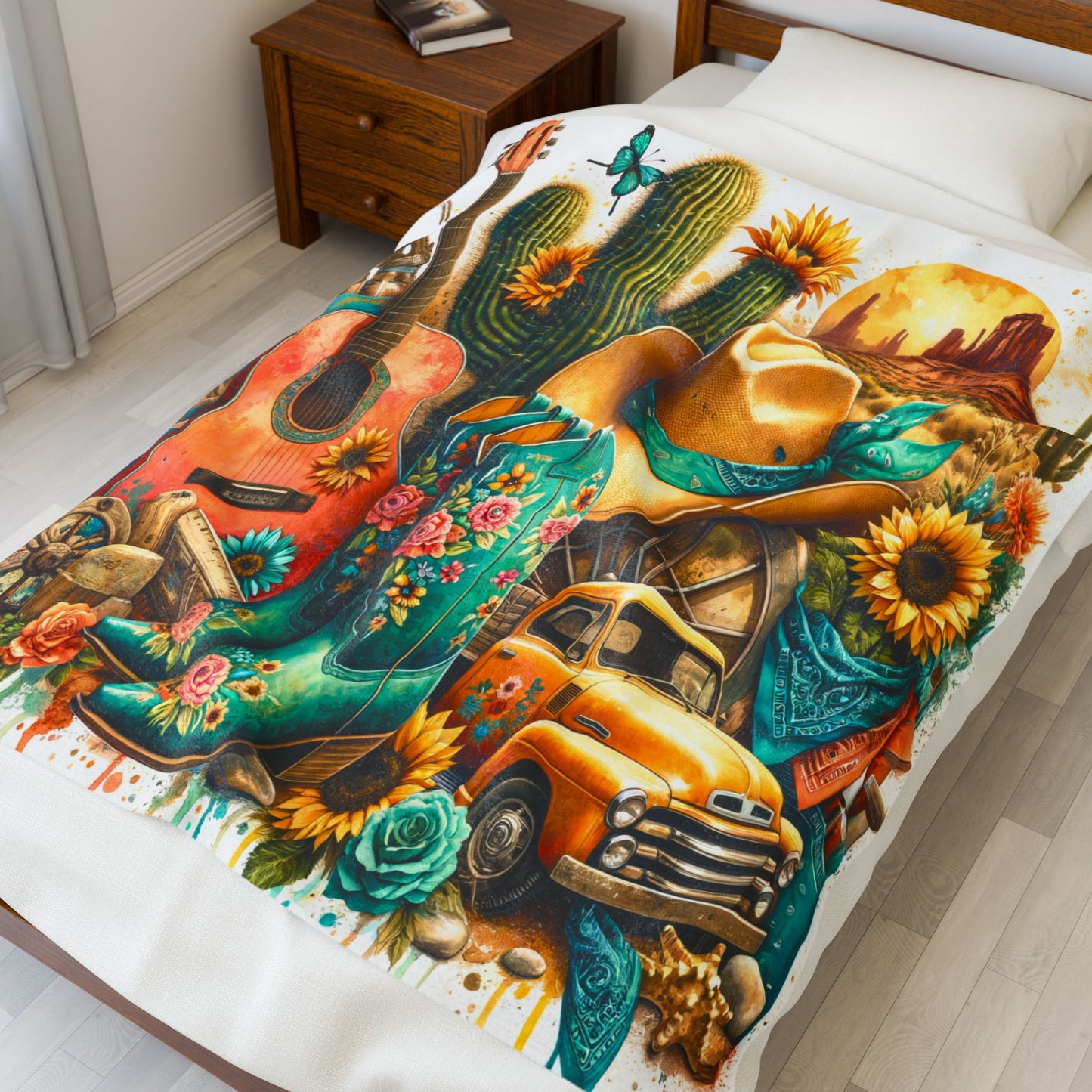 Western Music Rustic Southwestern Country Spring Print Velveteen Plush Blanket 3 Sizes