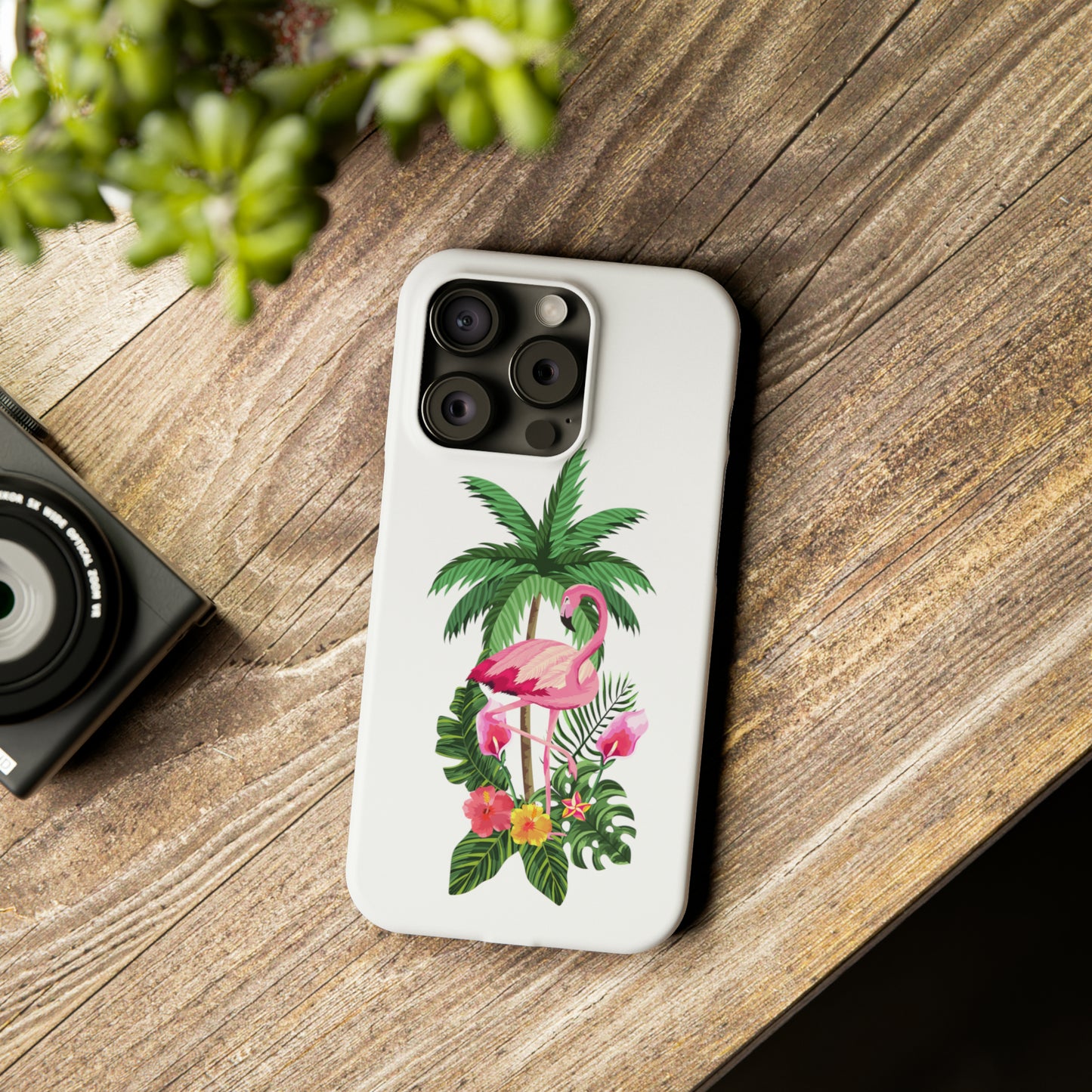 Tropical Pink Flamingo and Flowers White Background Iphone 15-12 Slim Phone Case