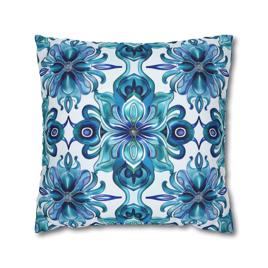 Blossom Symphony of Blue Teal Intricate Floral Pattern Spun Polyester Square Pillowcase 4 Sizes