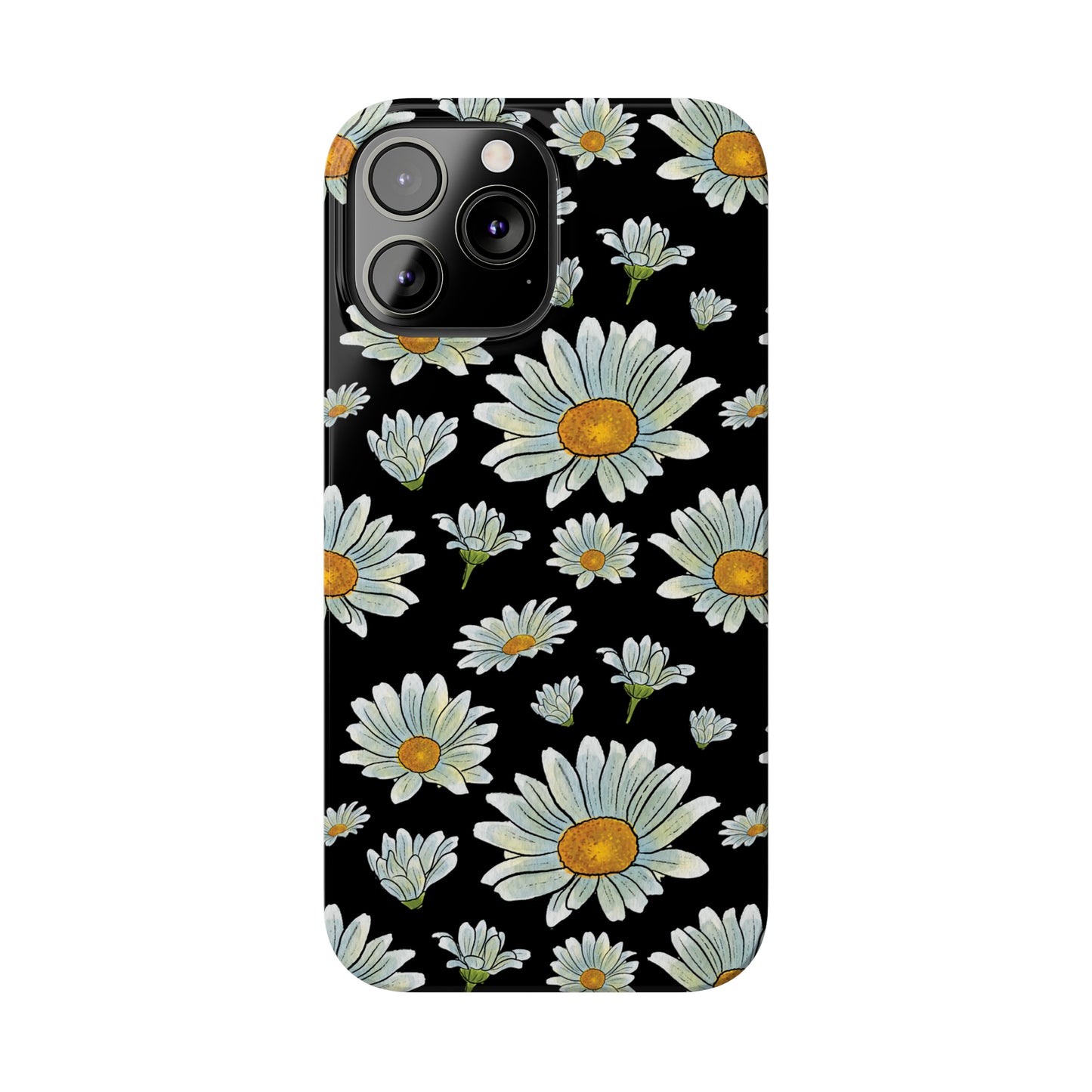 Large Watercolor Summer Daisies Blooming Against a Bold Black Background Iphone 15-12 Slim Phone Case