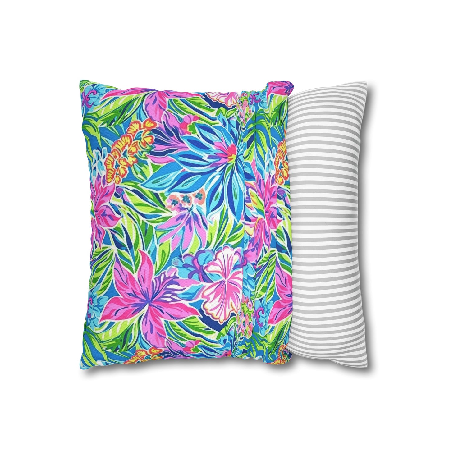 Summer Harmony: Pink and Blue Blooms with Lush Green Leaves Spun Polyester Square Pillowcase 4 Sizes