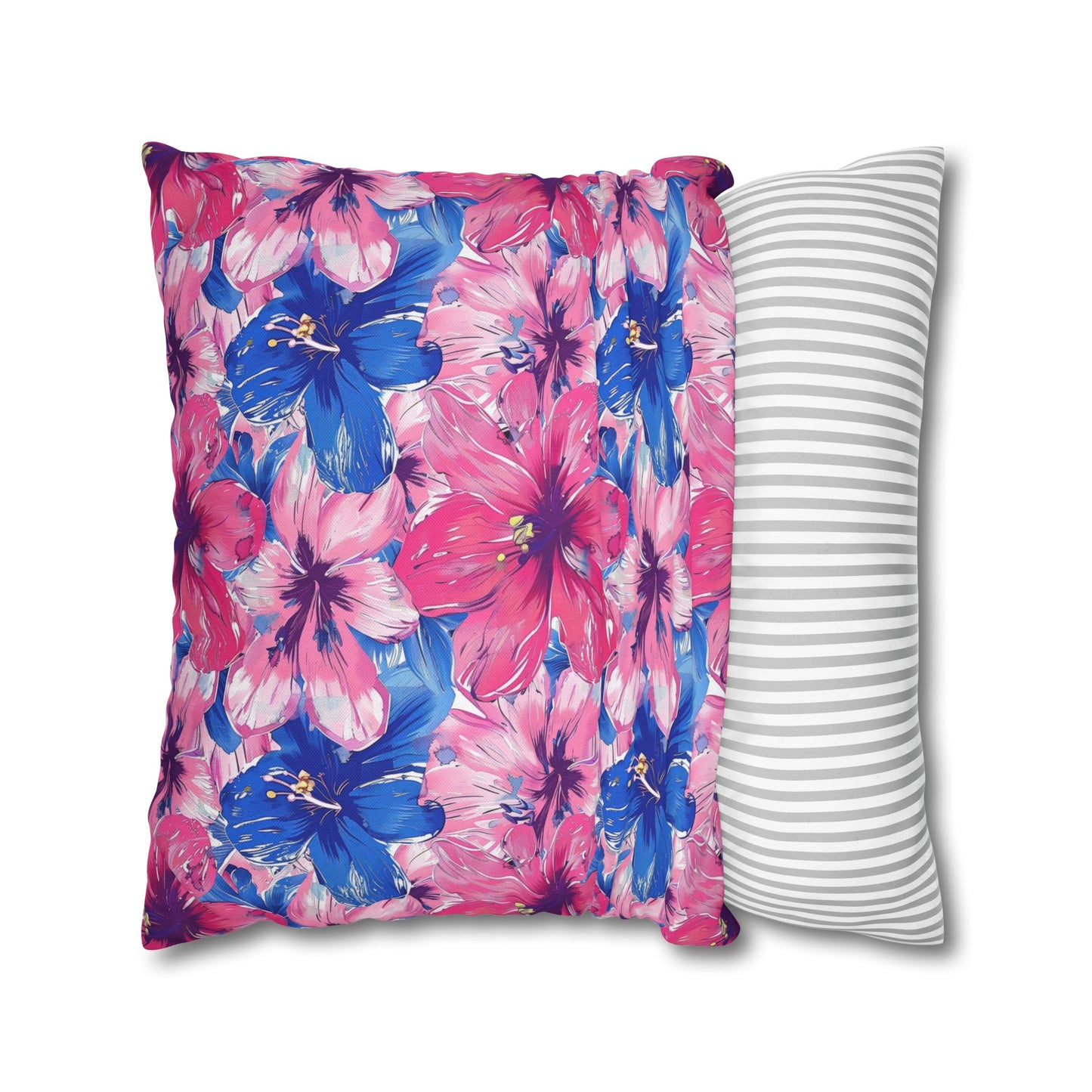 Blooming Bliss: Large Pink and Blue Blossoms in Full Bloom Spun Polyester Square Pillowcase 4 Sizes