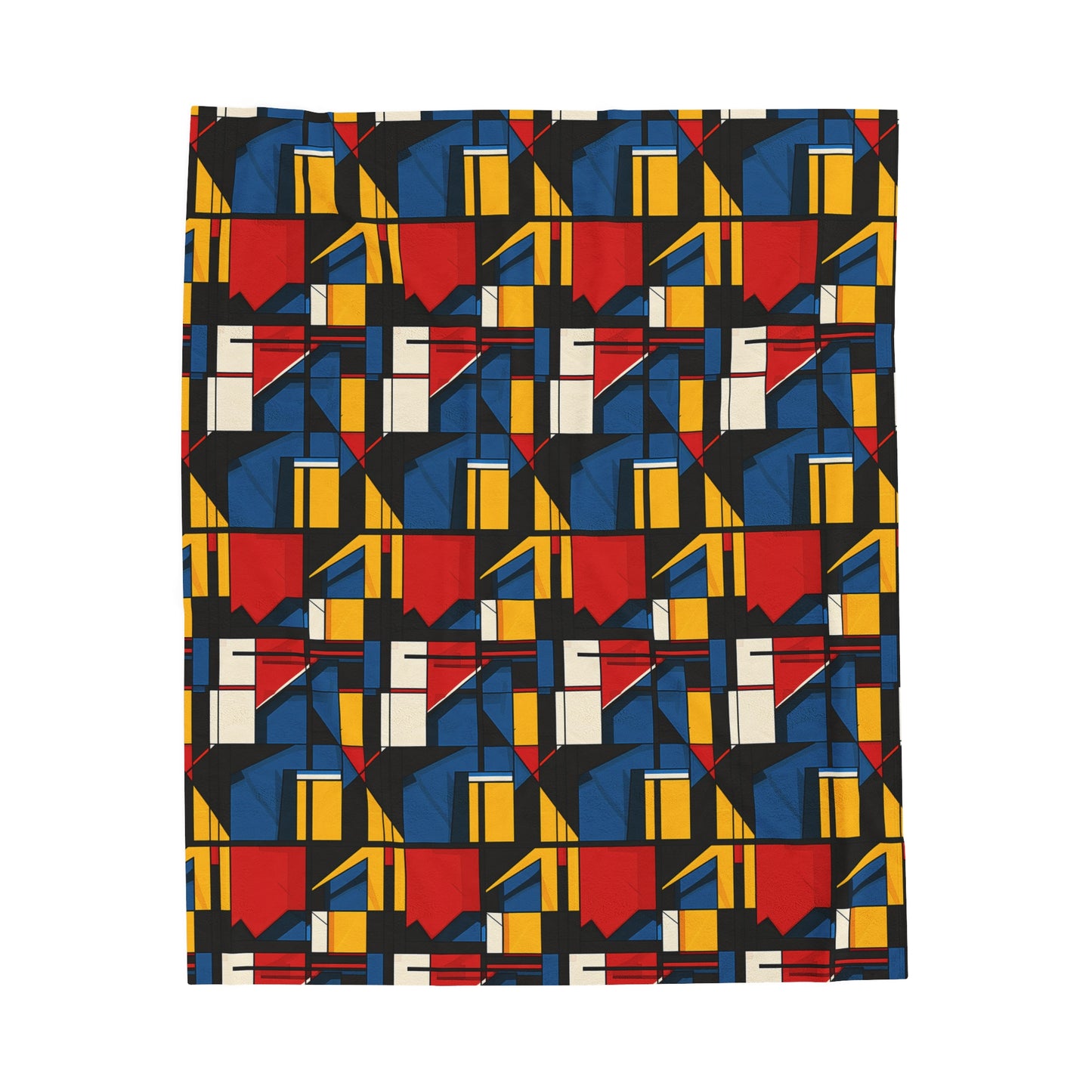 Mondrian-Inspired Bold Primary Colors and Black Lines Abstract Velveteen Plush Blanket 3 Sizes