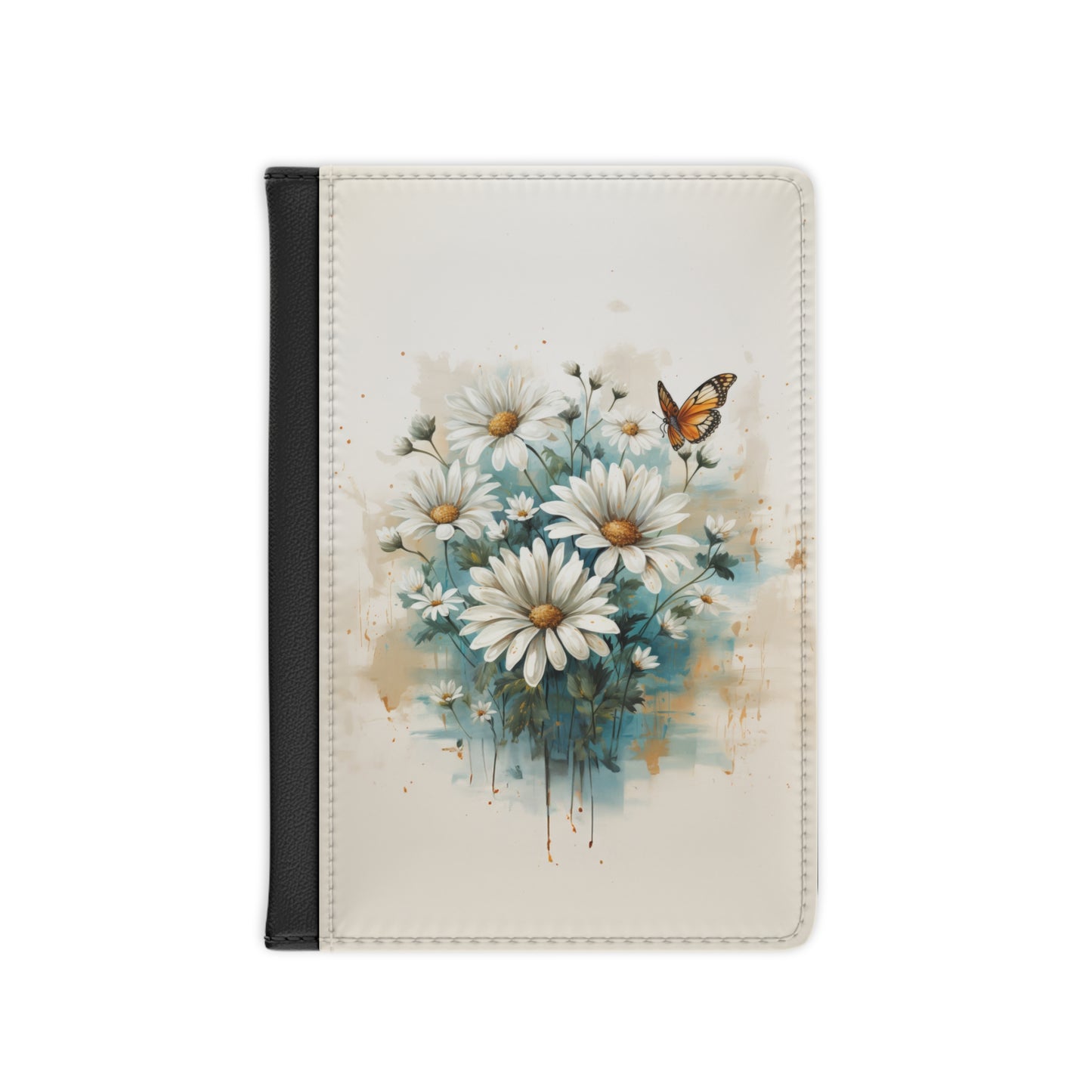 Rustic Farmhouse Teal and White Wild Daisies and Butterflies - Passport Cover Faux Leather RFID Blocking