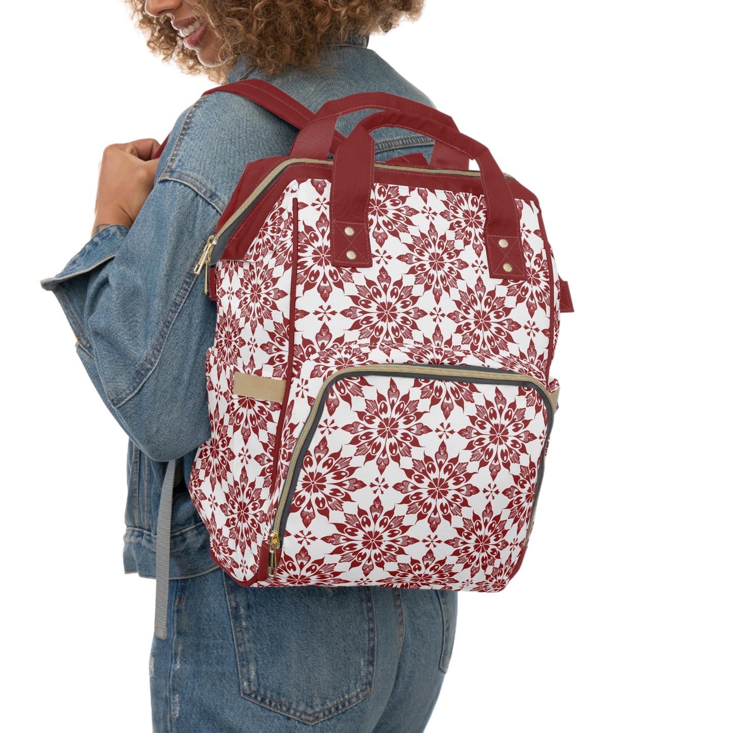 Vintage Radiance Ornate Red and White Floral Burst Pattern Multifunctional Diaper Backpack