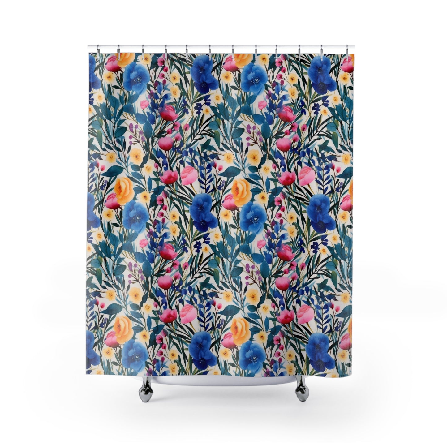 Blooming Brilliance: Large Watercolor Floral Design in Blue, Yellow, and Pink Bathroom Shower Curtain   71" × 74"