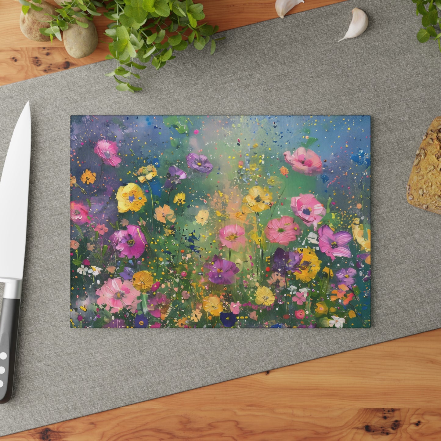 Field of Bright Spring Flowers Print Glass Cutting Board 2 Sizes