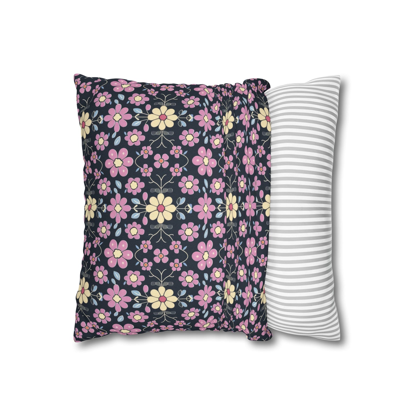 Charming Pastel Pink and Yellow Flowers on Navy Blue Background Spun Polyester Square Pillowcase 4 Sizes