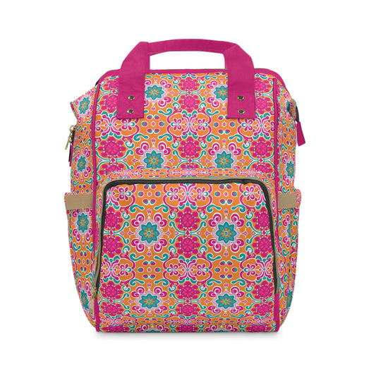 Kaleidoscope of Warm Tangerine, Lush Teal, and Lively Pink Blooms Multifunctional Diaper Backpack