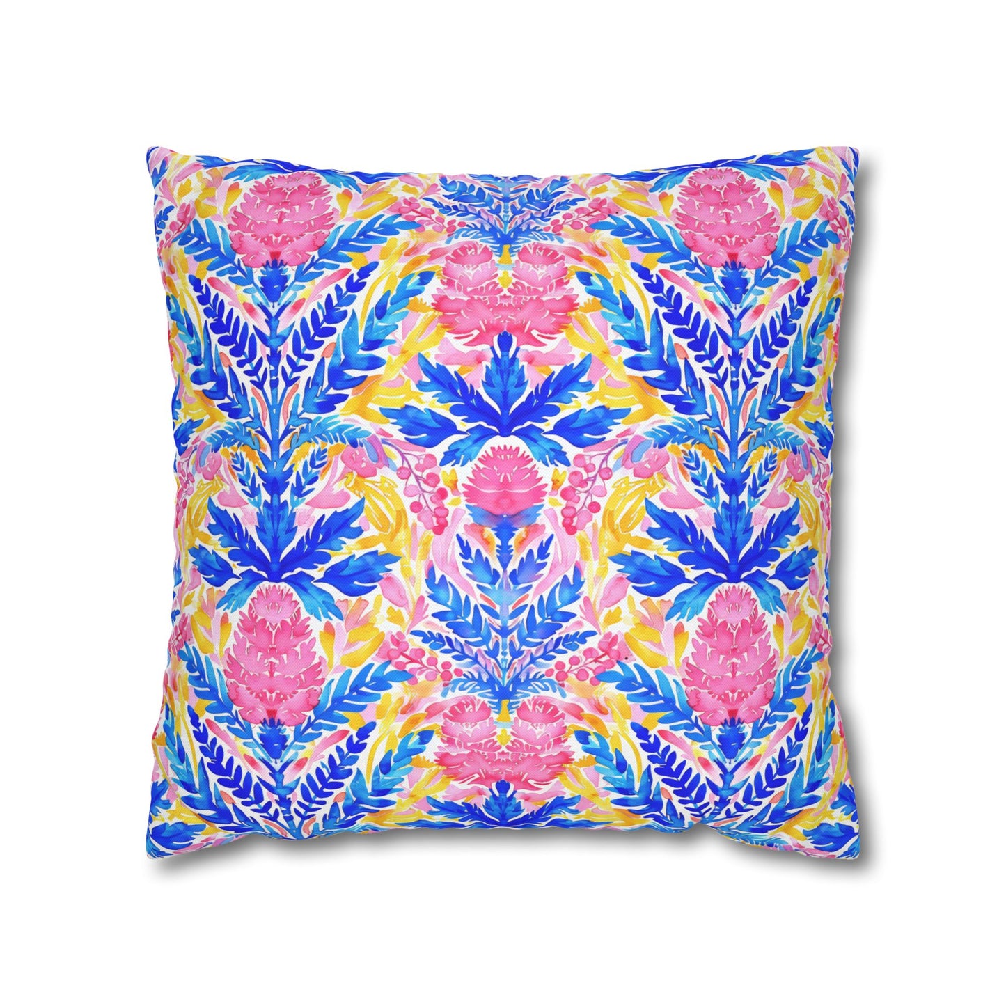 Tropical Watercolor Blooms in Vibrant Pinks and Blues Spun Polyester Square Pillowcase 4 Sizes