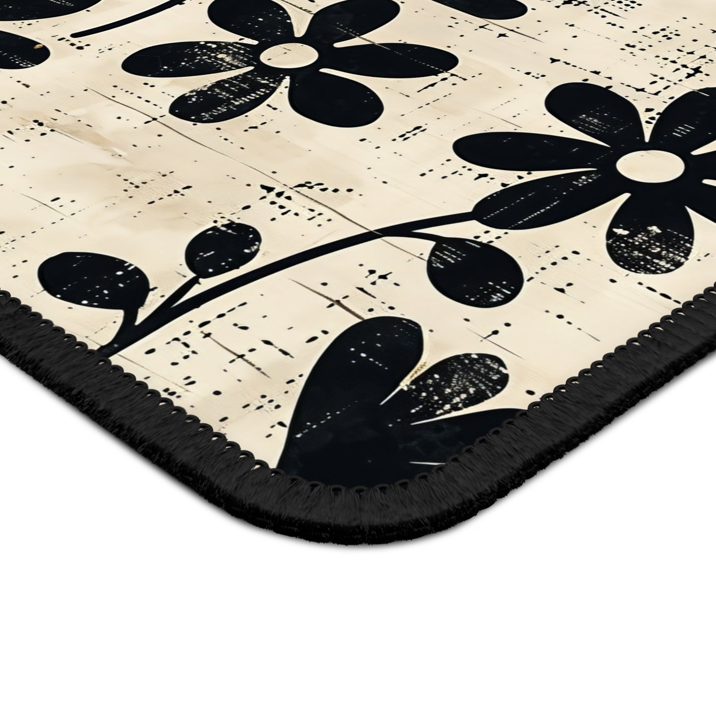 Distressed Black Floral on Beige Background Gaming Mouse Pad with Finished Edges