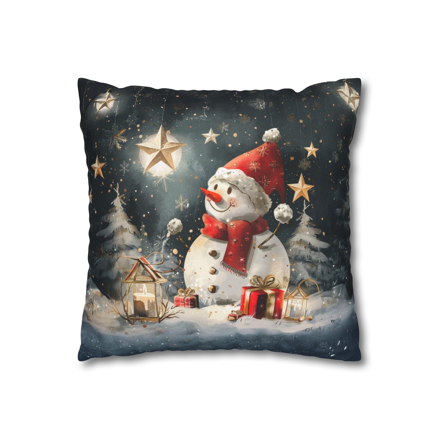 Moonlit Frost: Snowman Basking in Moonlight Surrounded by Presents Spun Polyester Square Pillowcase 4 Sizes