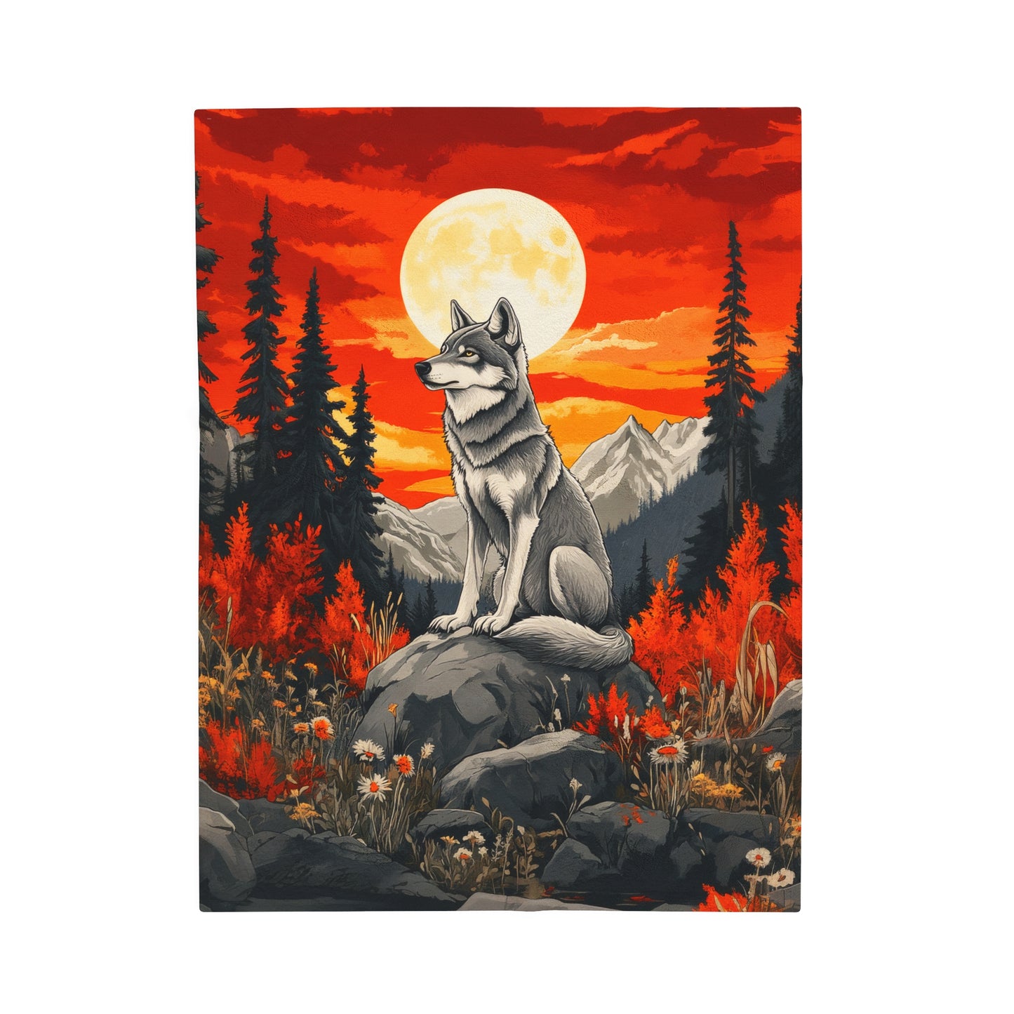 Majestic Lone Wolf at Twilight Under a Full Moon in Autumn Forest Velveteen Plush Blanket 3 Sizes