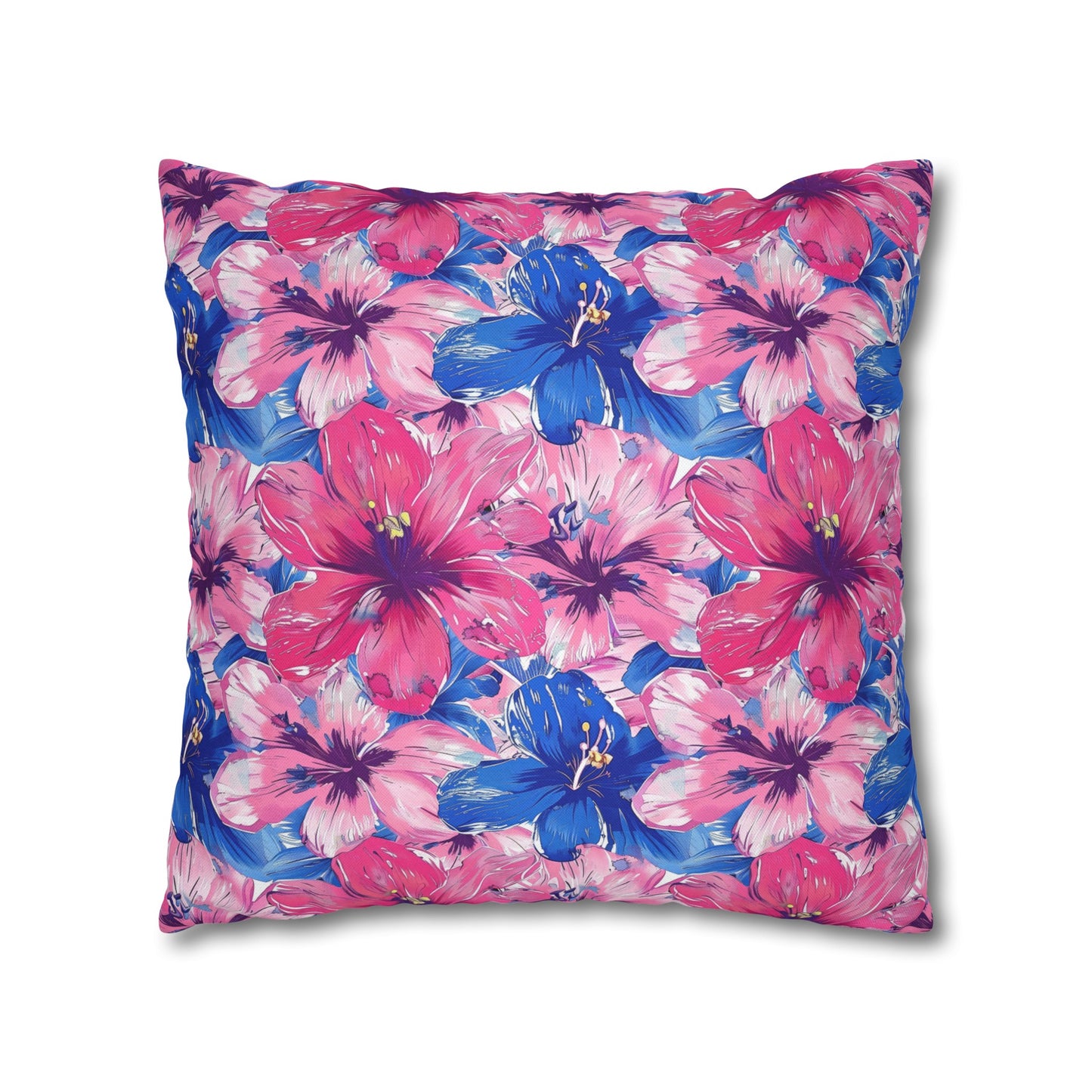 Blooming Bliss: Large Pink and Blue Blossoms in Full Bloom Spun Polyester Square Pillowcase 4 Sizes