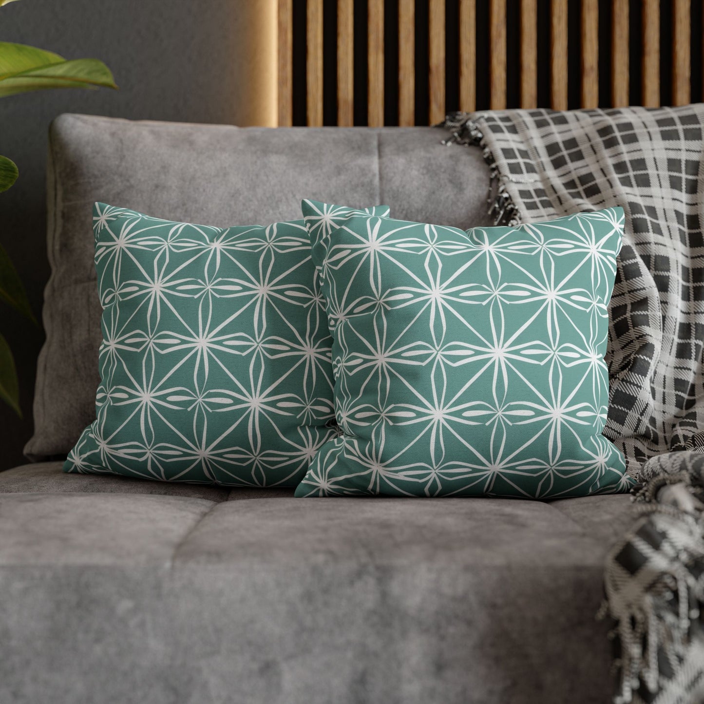 Elegant Minimalist Geometric Line Art in White and Teal Pattern Spun Polyester Square Pillowcase 4 Sizes