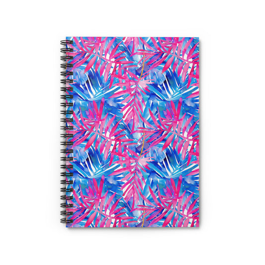 Tropical Harmony Blue and Dark Pink Palm Tree Leaves Spiral Ruled Line Notebook