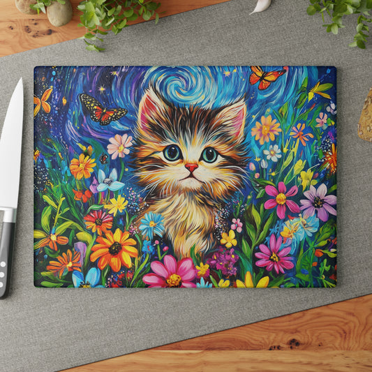 Whimsical Kitten Amidst a Van Gogh-Inspired Floral Fantasy Glass Cutting Board - 2 Sizes