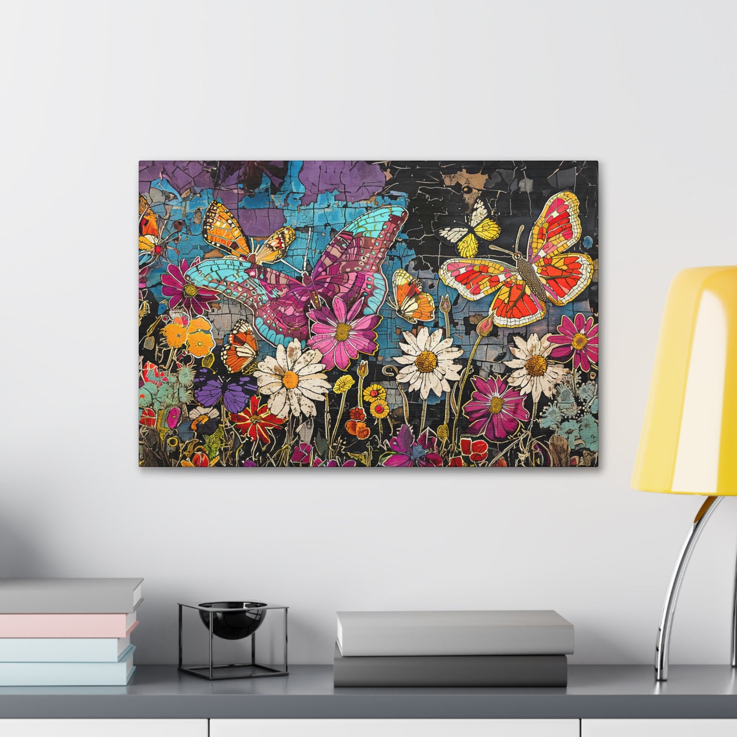 Vibrant Pop Art Garden: Butterfly & Daisy Floral Fantasy Canvas Gallery  - 3 Sizes