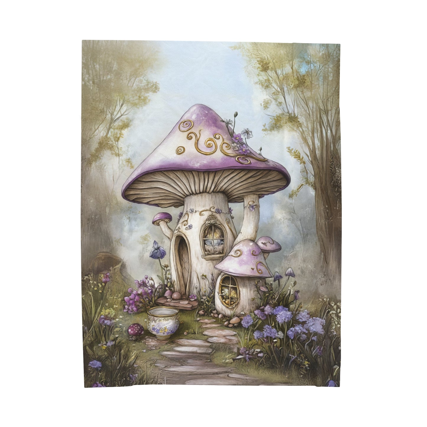 Lavender Mushroom Cottage Nestled in a Blooms of Enchantment Velveteen Plush Blanket 3 Sizes