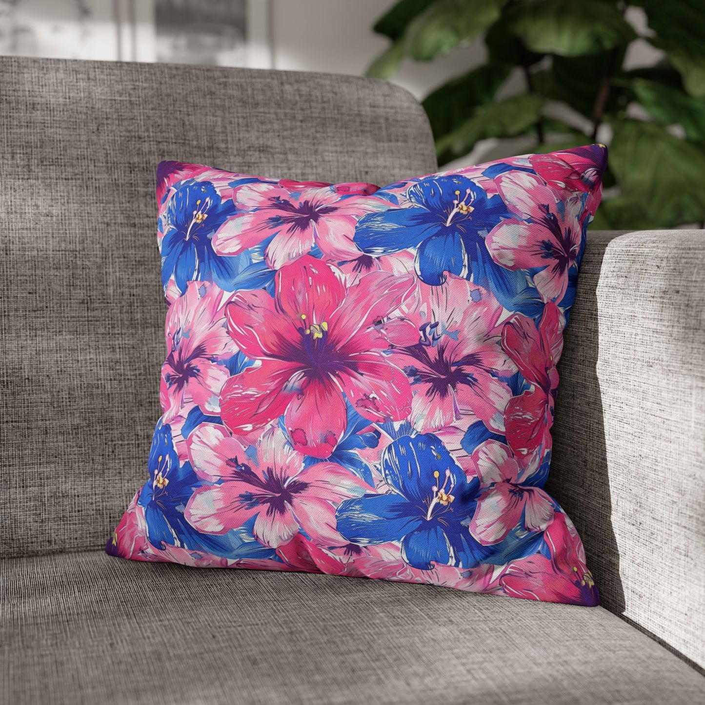 Blooming Bliss: Large Pink and Blue Blossoms in Full Bloom Spun Polyester Square Pillowcase 4 Sizes