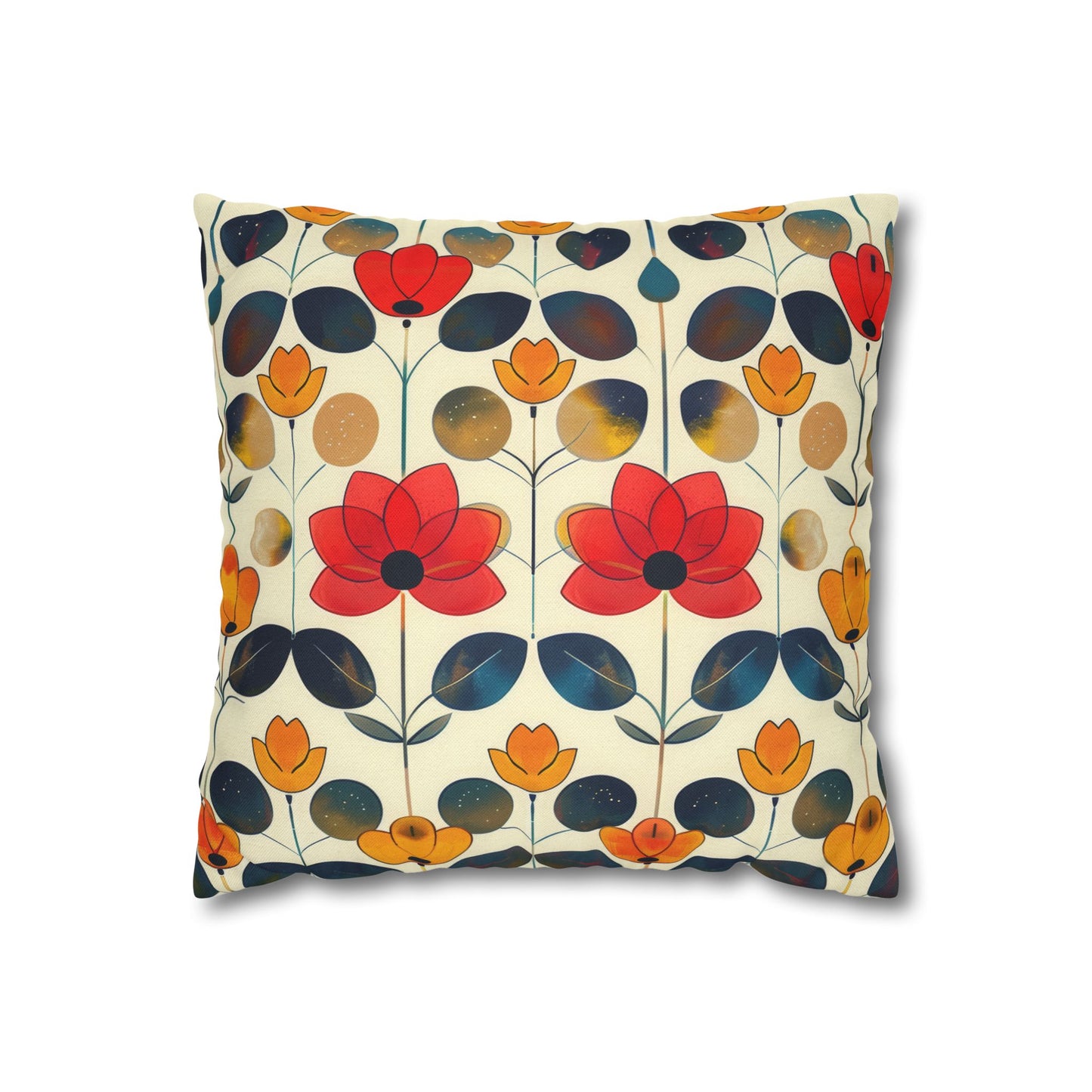 Whimsical Yellow, Red, and Blue Flower Design Spun Polyester Square Pillowcase 4 Sizes