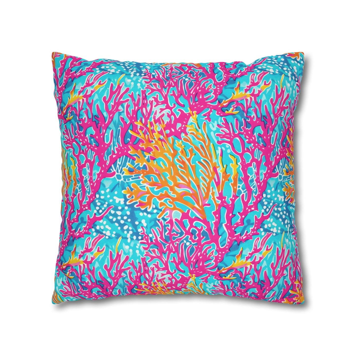 Coral Symphony: Bright Pink, Yellow, and Coral Dancing in the Blue Ocean Spun Polyester Square Pillowcase 4 Sizes